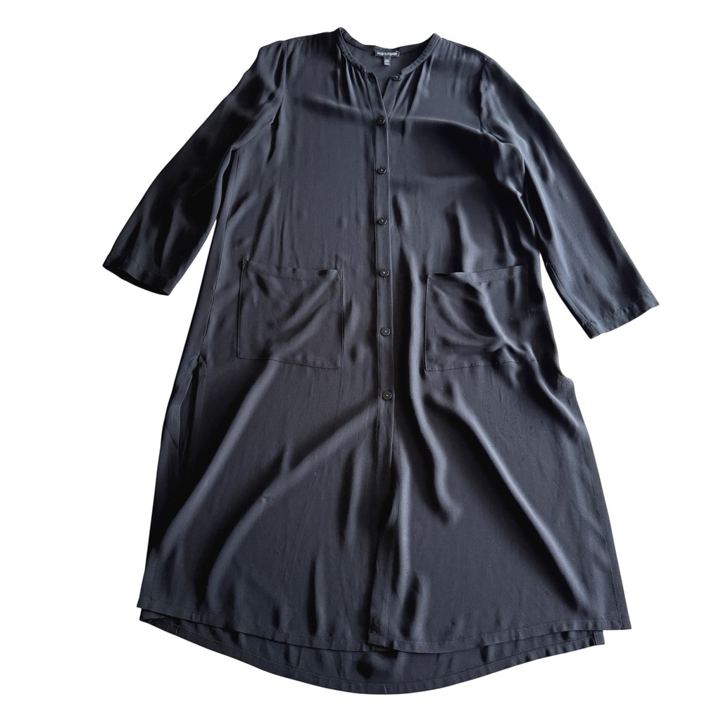 Eileen Fisher 100% Silk Button Front Minimalist‎ A Line Black Duster Tunic Top M